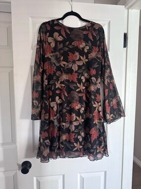 Women's Black Floral Chiffon Dress with Bell Sleeves